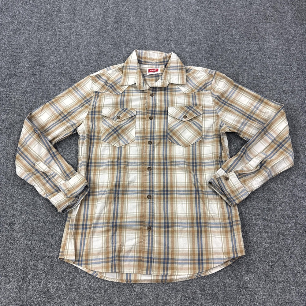 Wrangler Shirt Mens M Brown Plaid Cotton-Blend Long Sleeve Button Front Western